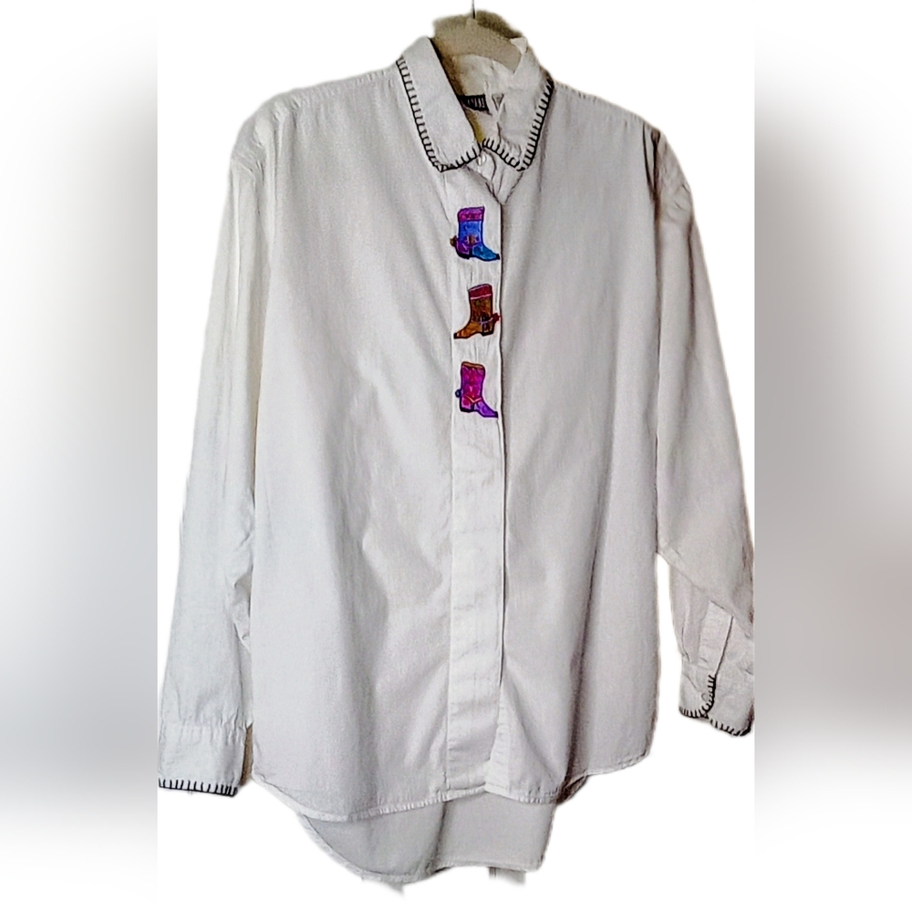 Vintage NUOVO County Seat 100% Cotton White Button Up  Boot Embroidery Size L
